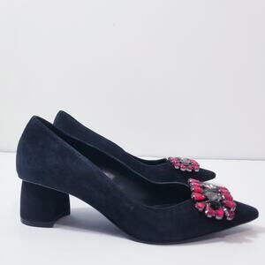 Uterque Black Suede Jeweled Rhinestones Pointy Toe Blocked Heels